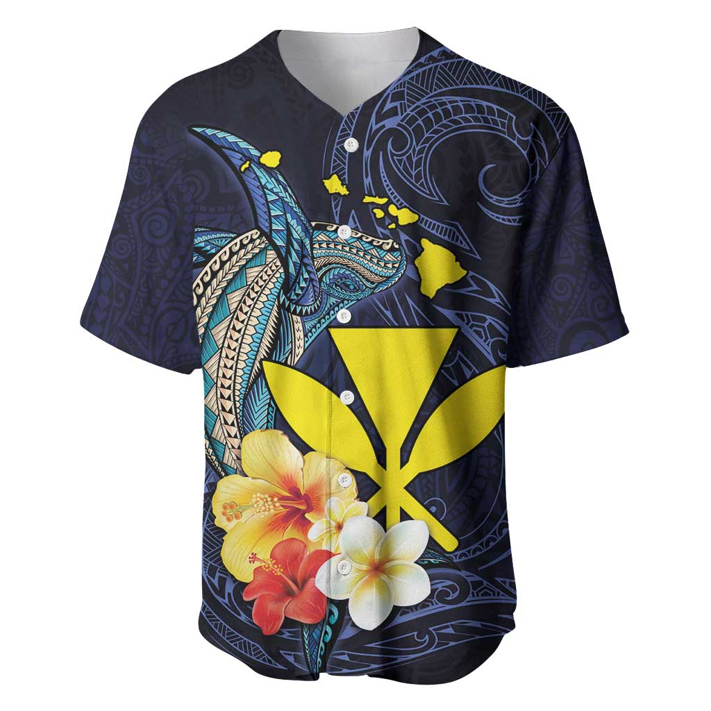 Hawaiian Whale and Kanaka Maoli Symbol Baseball Jersey Hibiscus with Hawaii Map and Polynesian Tattoo Deep Sea Color