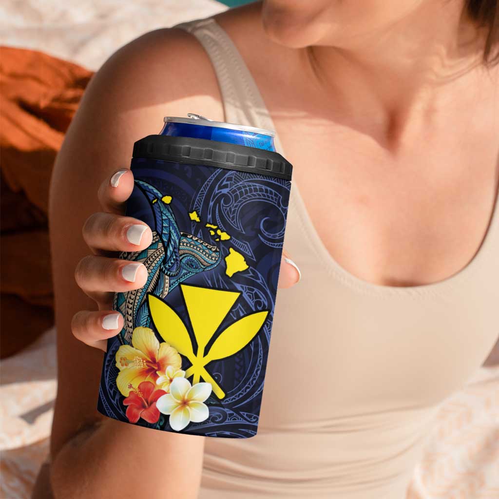 Hawaiian Whale and Kanaka Maoli Symbol 4 in 1 Can Cooler Tumbler Hibiscus with Hawaii Map and Polynesian Tattoo Deep Sea Color