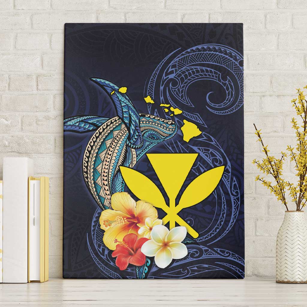 Hawaiian Whale and Kanaka Maoli Symbol Canvas Wall Art Hibiscus with Hawaii Map and Polynesian Tattoo Deep Sea Color