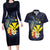 Hawaiian Whale and Kanaka Maoli Symbol Couples Matching Long Sleeve Bodycon Dress and Hawaiian Shirt Hibiscus with Hawaii Map and Polynesian Tattoo Deep Sea Color