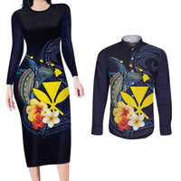 Hawaiian Whale and Kanaka Maoli Symbol Couples Matching Long Sleeve Bodycon Dress and Long Sleeve Button Shirt Hibiscus with Hawaii Map and Polynesian Tattoo Deep Sea Color