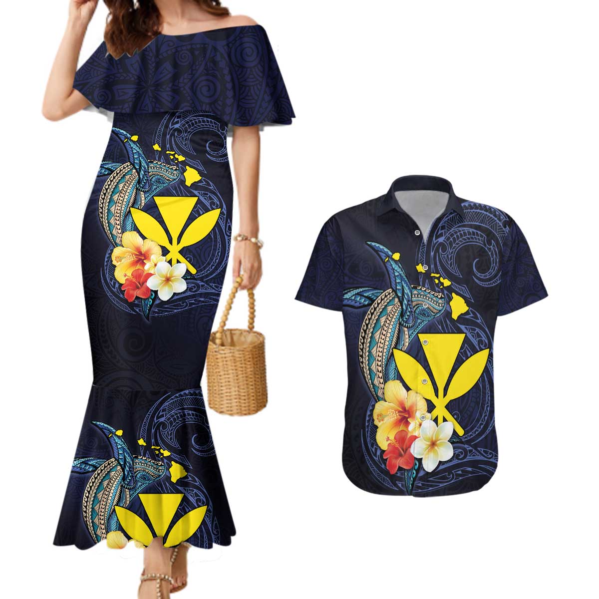 Hawaiian Whale and Kanaka Maoli Symbol Couples Matching Mermaid Dress and Hawaiian Shirt Hibiscus with Hawaii Map and Polynesian Tattoo Deep Sea Color