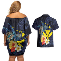 Hawaiian Whale and Kanaka Maoli Symbol Couples Matching Off Shoulder Short Dress and Hawaiian Shirt Hibiscus with Hawaii Map and Polynesian Tattoo Deep Sea Color