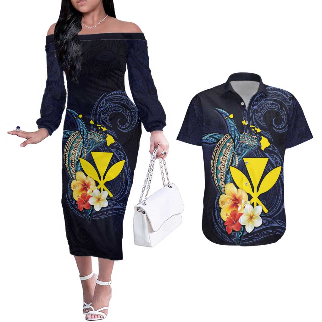 Hawaiian Whale and Kanaka Maoli Symbol Couples Matching Off The Shoulder Long Sleeve Dress and Hawaiian Shirt Hibiscus with Hawaii Map and Polynesian Tattoo Deep Sea Color