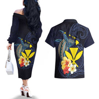 Hawaiian Whale and Kanaka Maoli Symbol Couples Matching Off The Shoulder Long Sleeve Dress and Hawaiian Shirt Hibiscus with Hawaii Map and Polynesian Tattoo Deep Sea Color