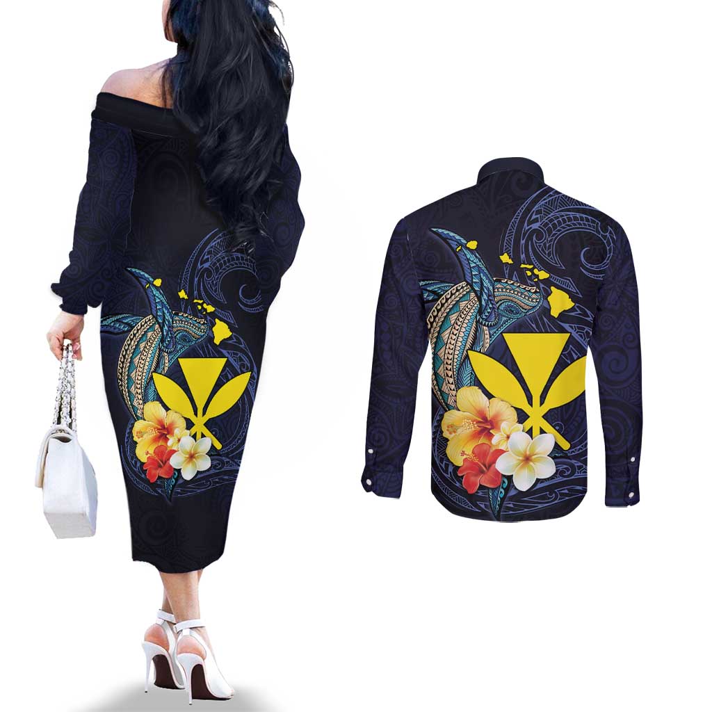 Hawaiian Whale and Kanaka Maoli Symbol Couples Matching Off The Shoulder Long Sleeve Dress and Long Sleeve Button Shirt Hibiscus with Hawaii Map and Polynesian Tattoo Deep Sea Color