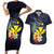 Hawaiian Whale and Kanaka Maoli Symbol Couples Matching Short Sleeve Bodycon Dress and Hawaiian Shirt Hibiscus with Hawaii Map and Polynesian Tattoo Deep Sea Color