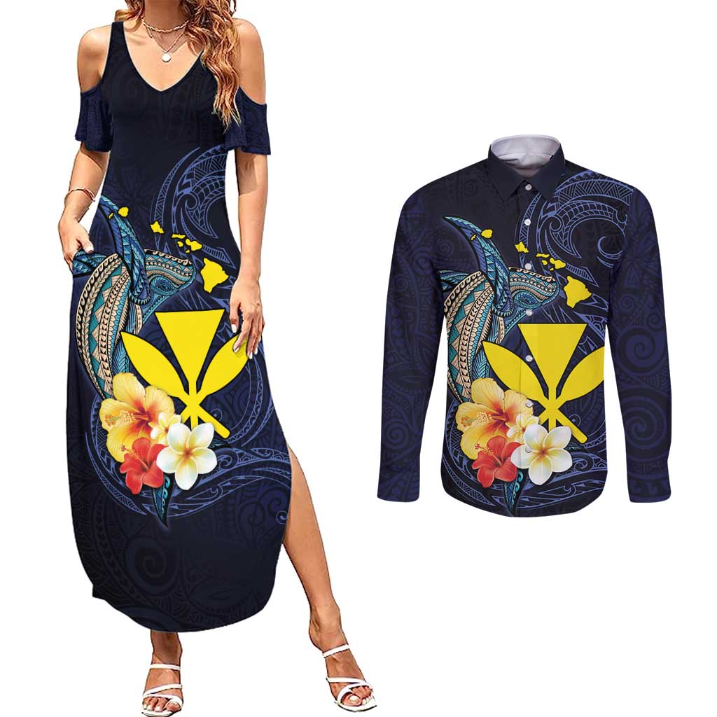 Hawaiian Whale and Kanaka Maoli Symbol Couples Matching Summer Maxi Dress and Long Sleeve Button Shirt Hibiscus with Hawaii Map and Polynesian Tattoo Deep Sea Color