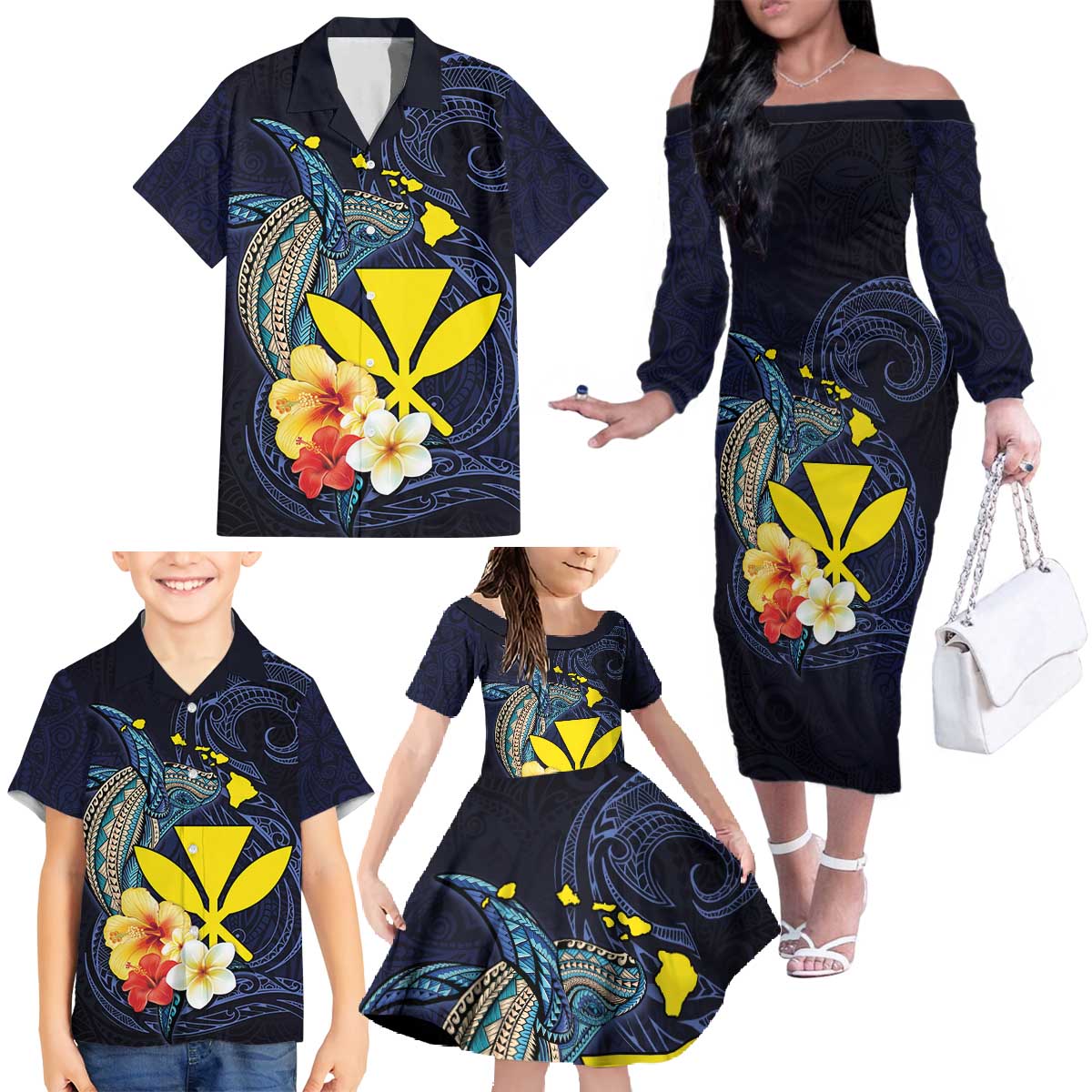 Hawaiian Whale and Kanaka Maoli Symbol Family Matching Off The Shoulder Long Sleeve Dress and Hawaiian Shirt Hibiscus with Hawaii Map and Polynesian Tattoo Deep Sea Color