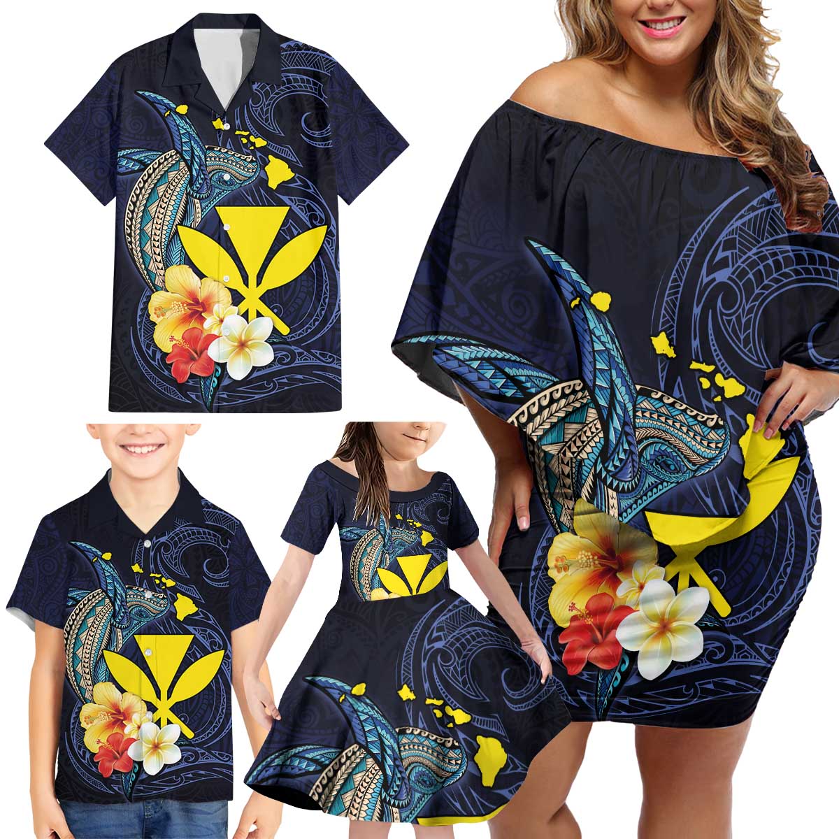 Hawaiian Whale and Kanaka Maoli Symbol Family Matching Off Shoulder Short Dress and Hawaiian Shirt Hibiscus with Hawaii Map and Polynesian Tattoo Deep Sea Color