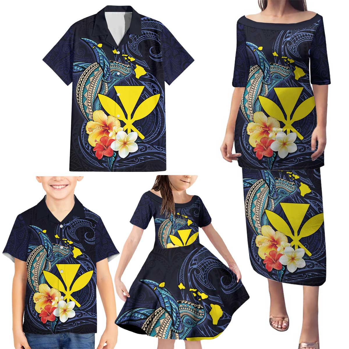 Hawaiian Whale and Kanaka Maoli Symbol Family Matching Puletasi and Hawaiian Shirt Hibiscus with Hawaii Map and Polynesian Tattoo Deep Sea Color