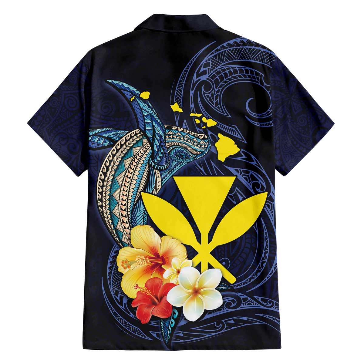 Hawaiian Whale and Kanaka Maoli Symbol Family Matching Puletasi and Hawaiian Shirt Hibiscus with Hawaii Map and Polynesian Tattoo Deep Sea Color