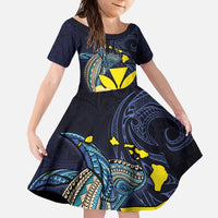Hawaiian Whale and Kanaka Maoli Symbol Family Matching Tank Maxi Dress and Hawaiian Shirt Hibiscus with Hawaii Map and Polynesian Tattoo Deep Sea Color