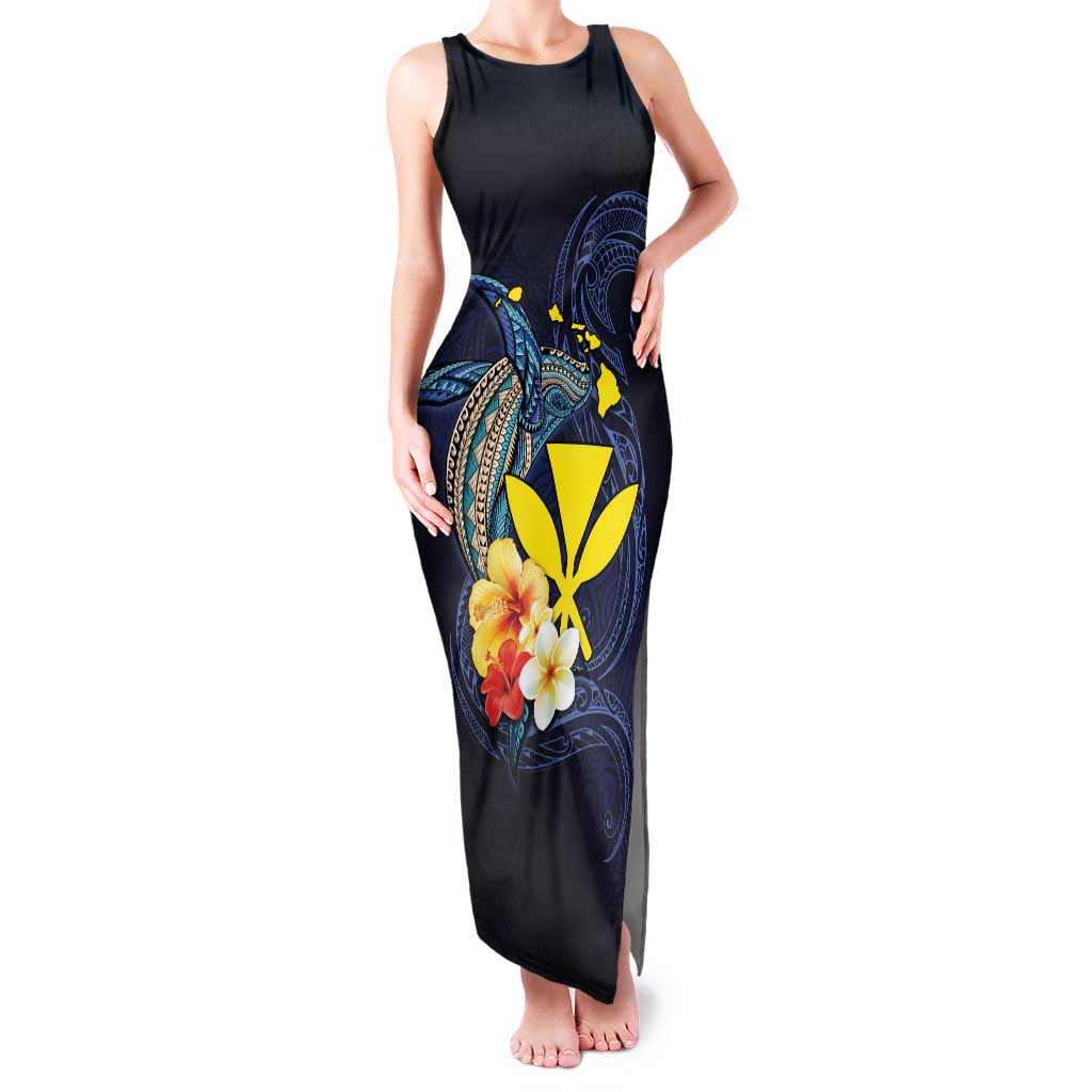 Hawaiian Whale and Kanaka Maoli Symbol Family Matching Tank Maxi Dress and Hawaiian Shirt Hibiscus with Hawaii Map and Polynesian Tattoo Deep Sea Color