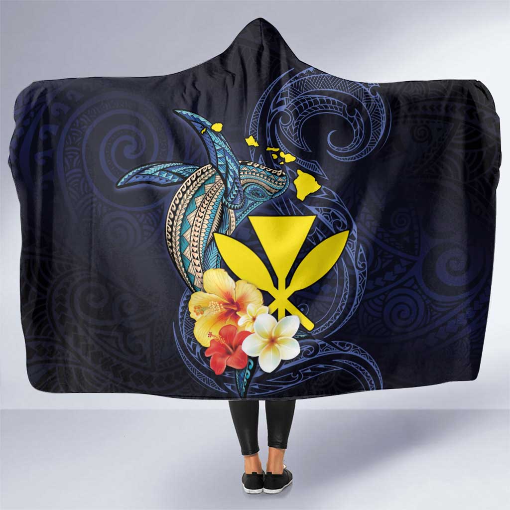 Hawaiian Whale and Kanaka Maoli Symbol Hooded Blanket Hibiscus with Hawaii Map and Polynesian Tattoo Deep Sea Color