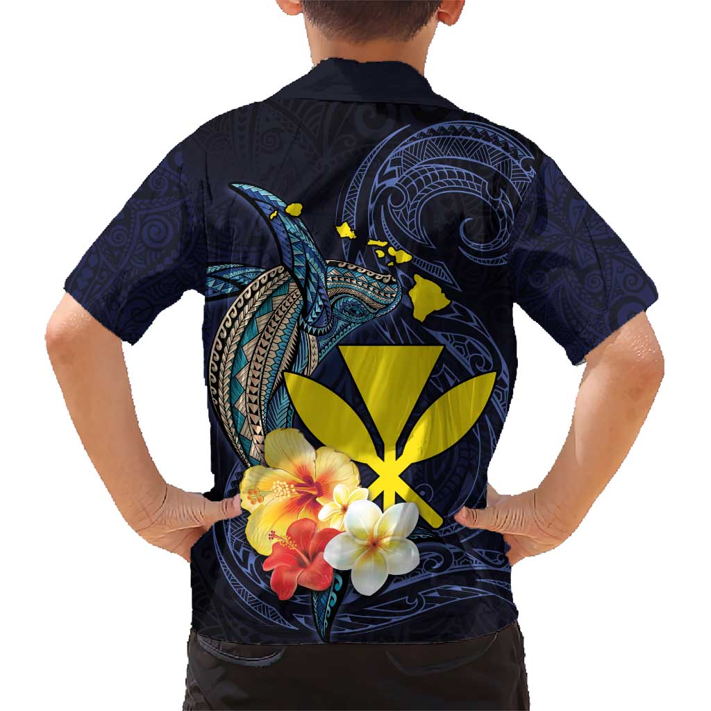 Hawaiian Whale and Kanaka Maoli Symbol Kid Hawaiian Shirt Hibiscus with Hawaii Map and Polynesian Tattoo Deep Sea Color