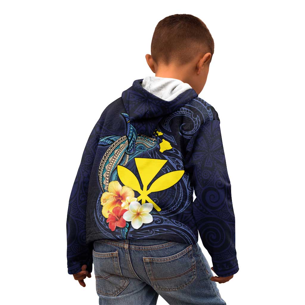 Hawaiian Whale and Kanaka Maoli Symbol Kid Hoodie Hibiscus with Hawaii Map and Polynesian Tattoo Deep Sea Color