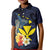 Hawaiian Whale and Kanaka Maoli Symbol Kid Polo Shirt Hibiscus with Hawaii Map and Polynesian Tattoo Deep Sea Color