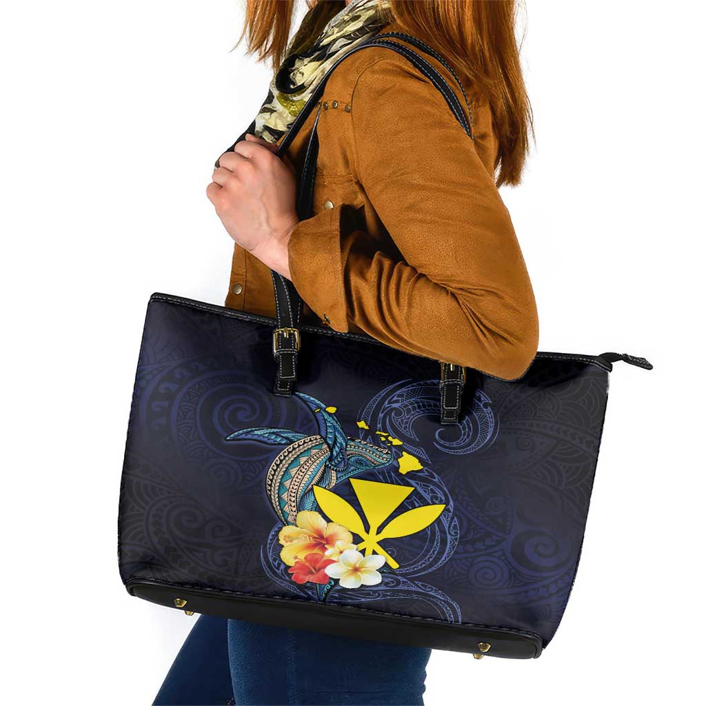 Hawaiian Whale and Kanaka Maoli Symbol Leather Tote Bag Hibiscus with Hawaii Map and Polynesian Tattoo Deep Sea Color