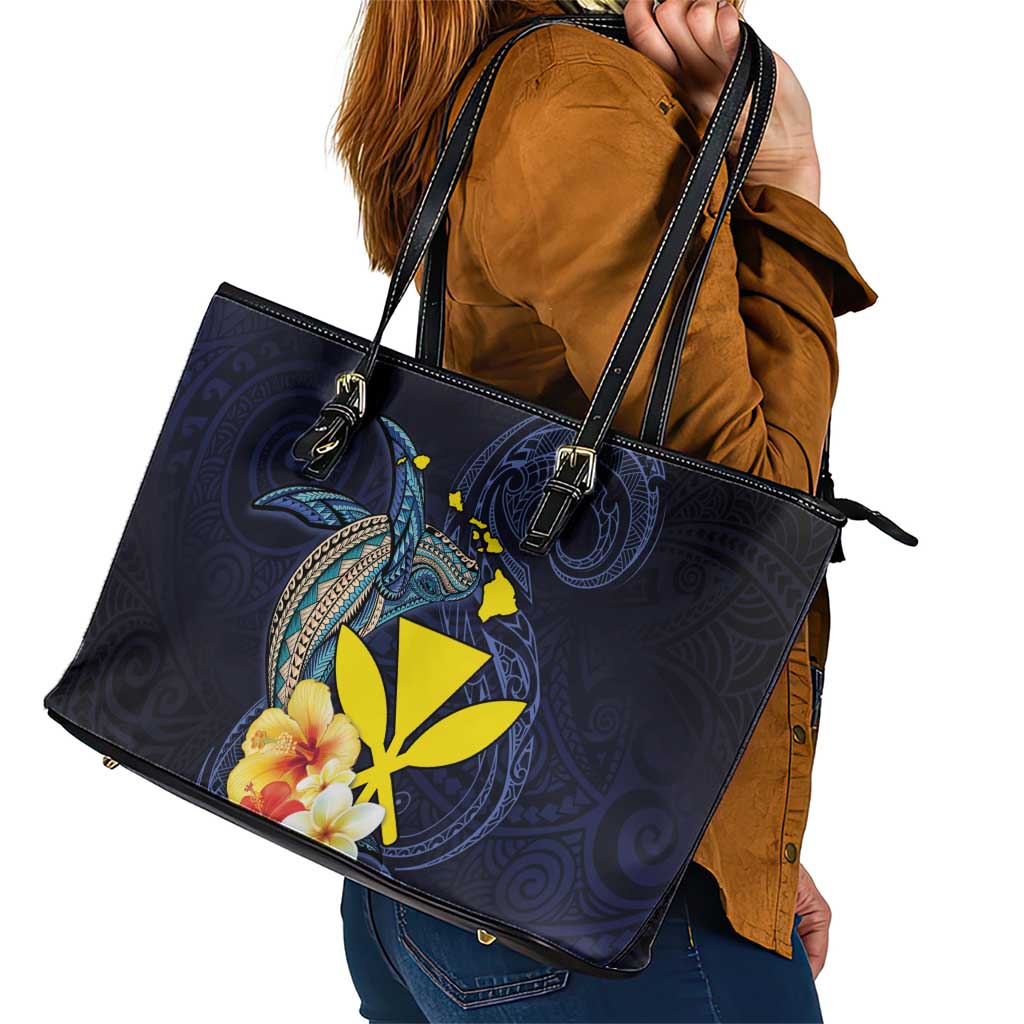Hawaiian Whale and Kanaka Maoli Symbol Leather Tote Bag Hibiscus with Hawaii Map and Polynesian Tattoo Deep Sea Color