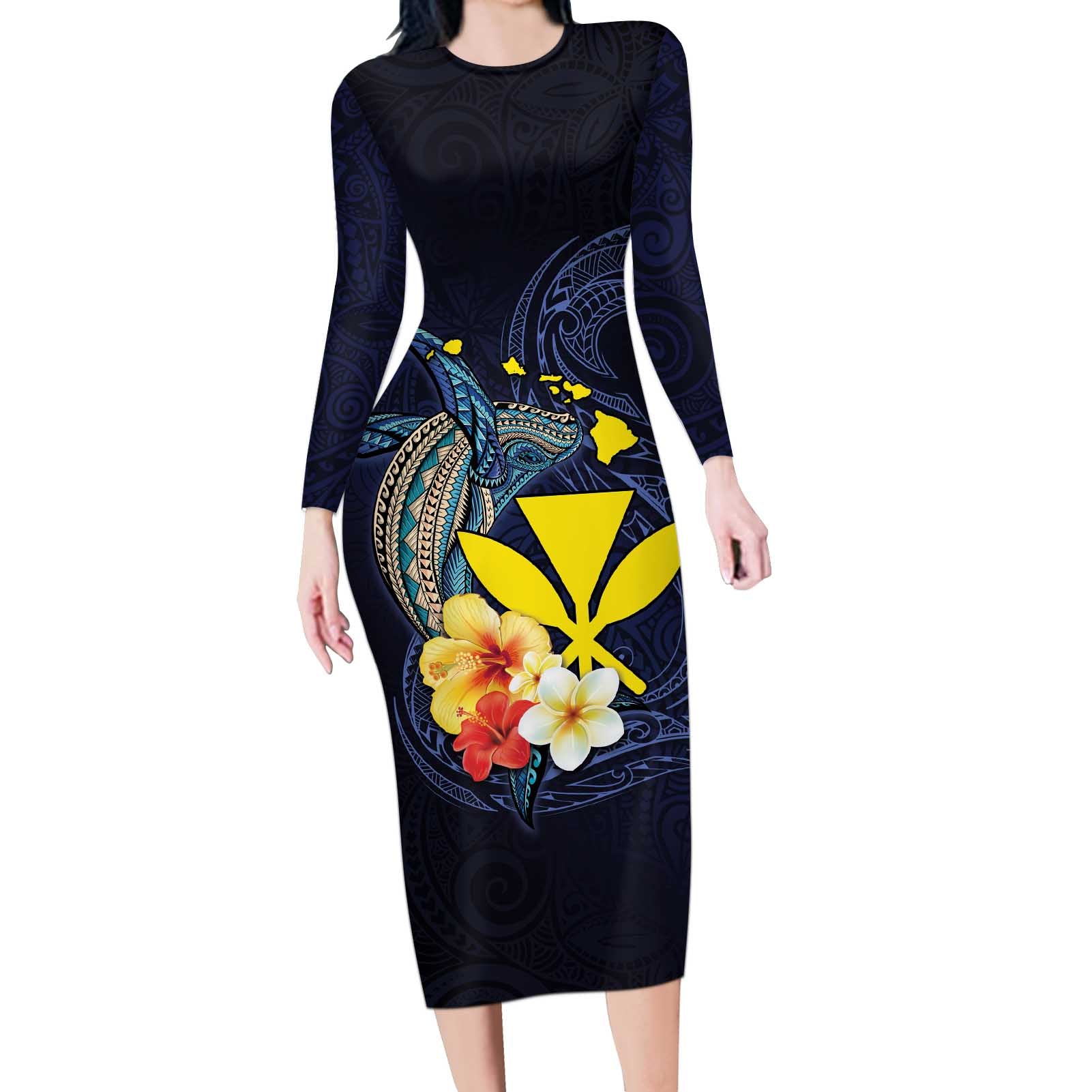 Hawaiian Whale and Kanaka Maoli Symbol Long Sleeve Bodycon Dress Hibiscus with Hawaii Map and Polynesian Tattoo Deep Sea Color