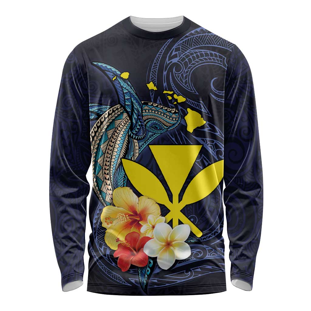 Hawaiian Whale and Kanaka Maoli Symbol Long Sleeve Shirt Hibiscus with Hawaii Map and Polynesian Tattoo Deep Sea Color