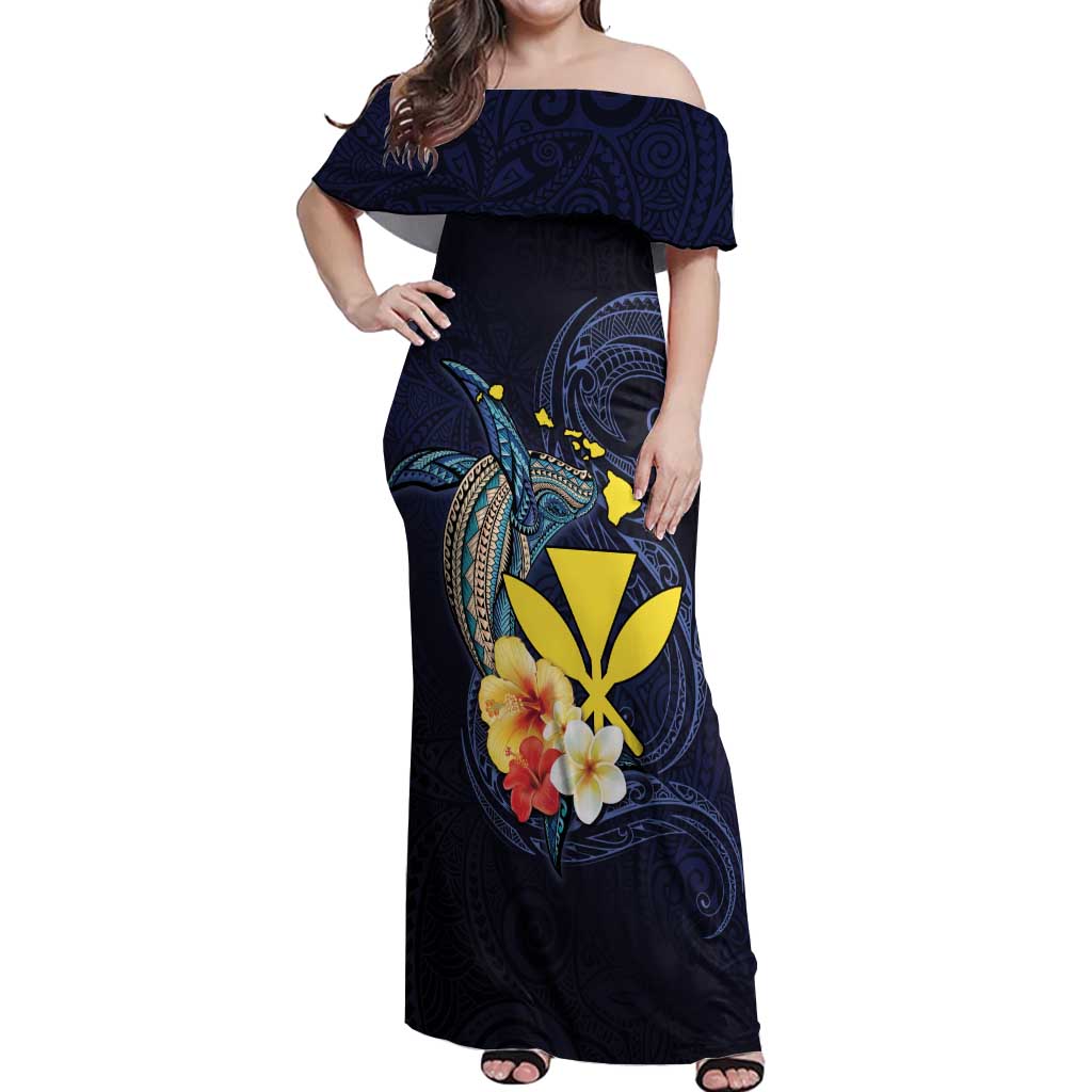Hawaiian Whale and Kanaka Maoli Symbol Off Shoulder Maxi Dress Hibiscus with Hawaii Map and Polynesian Tattoo Deep Sea Color