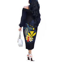Hawaiian Whale and Kanaka Maoli Symbol Off The Shoulder Long Sleeve Dress Hibiscus with Hawaii Map and Polynesian Tattoo Deep Sea Color