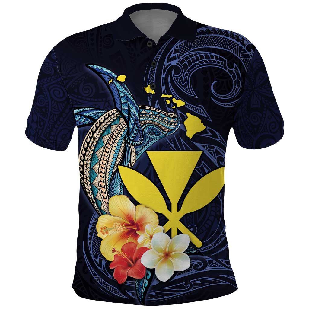 Hawaiian Whale and Kanaka Maoli Symbol Polo Shirt Hibiscus with Hawaii Map and Polynesian Tattoo Deep Sea Color