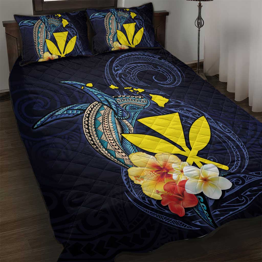 Hawaiian Whale and Kanaka Maoli Symbol Quilt Bed Set Hibiscus with Hawaii Map and Polynesian Tattoo Deep Sea Color