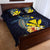 Hawaiian Whale and Kanaka Maoli Symbol Quilt Bed Set Hibiscus with Hawaii Map and Polynesian Tattoo Deep Sea Color