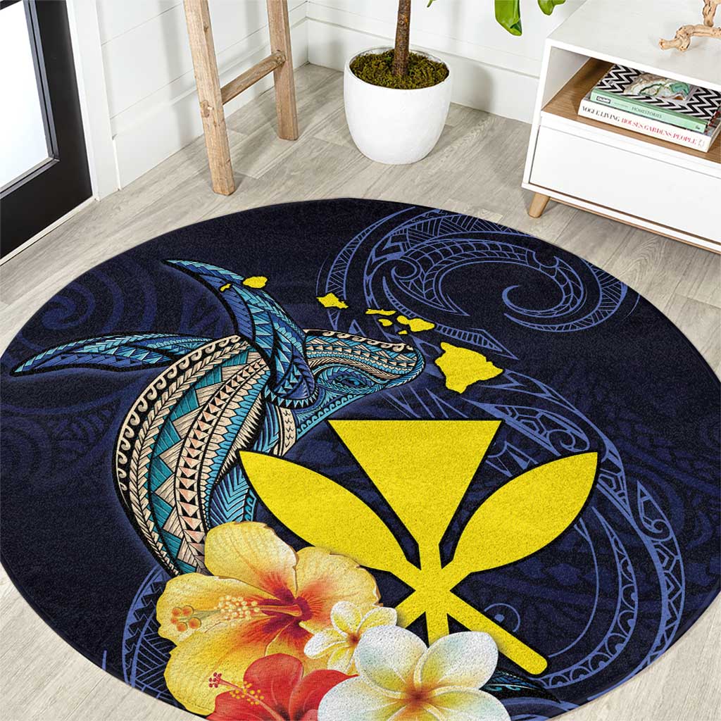 Hawaiian Whale and Kanaka Maoli Symbol Round Carpet Hibiscus with Hawaii Map and Polynesian Tattoo Deep Sea Color