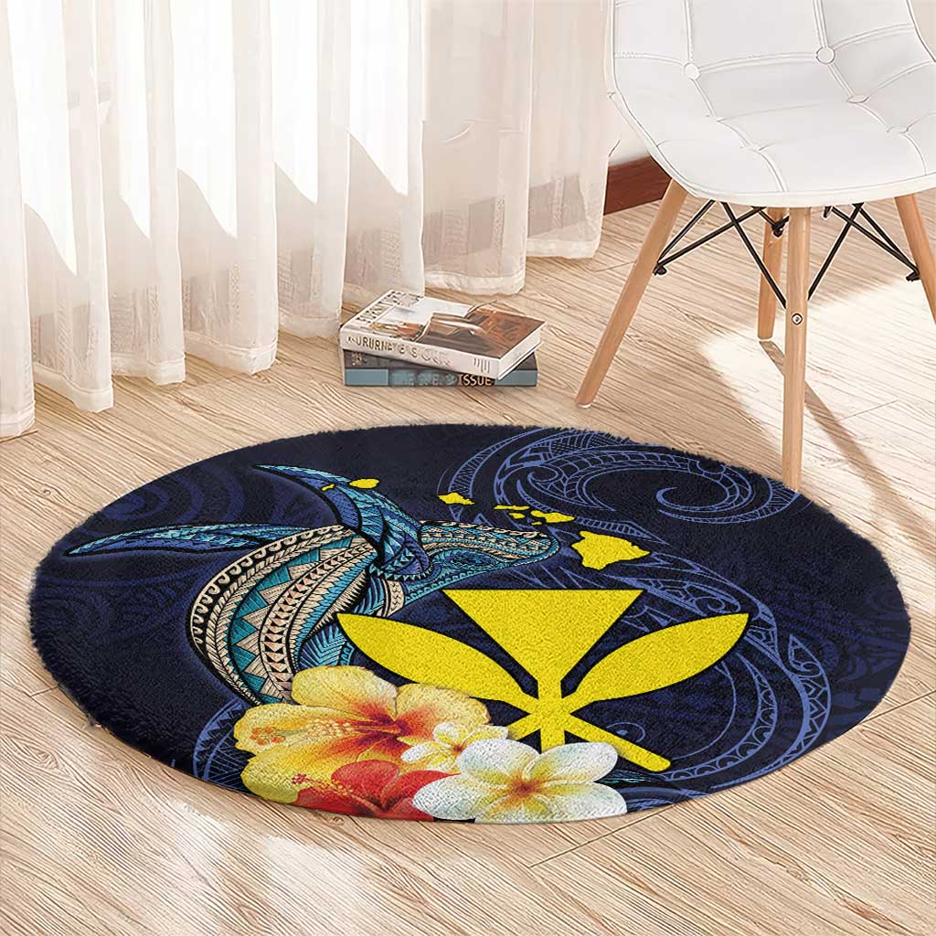 Hawaiian Whale and Kanaka Maoli Symbol Round Carpet Hibiscus with Hawaii Map and Polynesian Tattoo Deep Sea Color