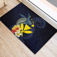 Hawaiian Whale and Kanaka Maoli Symbol Rubber Doormat Hibiscus with Hawaii Map and Polynesian Tattoo Deep Sea Color
