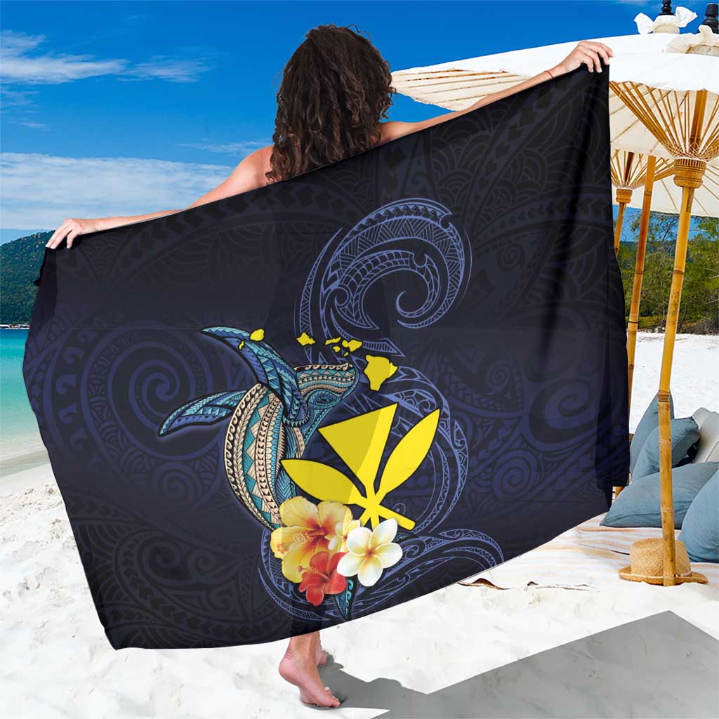 Hawaiian Whale and Kanaka Maoli Symbol Sarong Hibiscus with Hawaii Map and Polynesian Tattoo Deep Sea Color