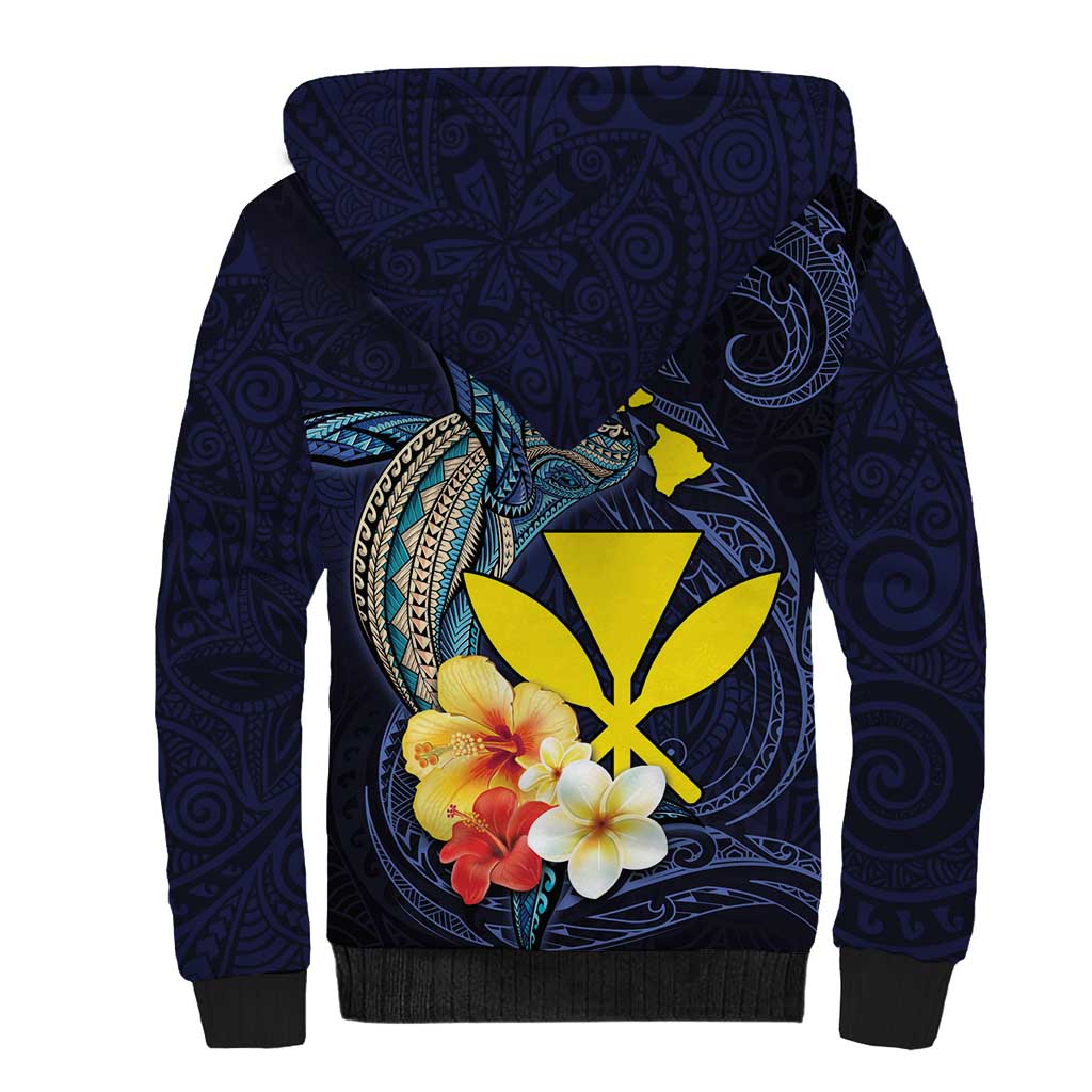 Hawaiian Whale and Kanaka Maoli Symbol Sherpa Hoodie Hibiscus with Hawaii Map and Polynesian Tattoo Deep Sea Color