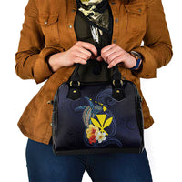 Hawaiian Whale and Kanaka Maoli Symbol Shoulder Handbag Hibiscus with Hawaii Map and Polynesian Tattoo Deep Sea Color