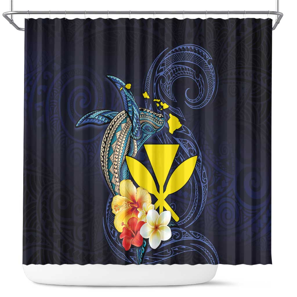 Hawaiian Whale and Kanaka Maoli Symbol Shower Curtain Hibiscus with Hawaii Map and Polynesian Tattoo Deep Sea Color