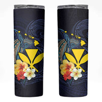 Hawaiian Whale and Kanaka Maoli Symbol Skinny Tumbler Hibiscus with Hawaii Map and Polynesian Tattoo Deep Sea Color
