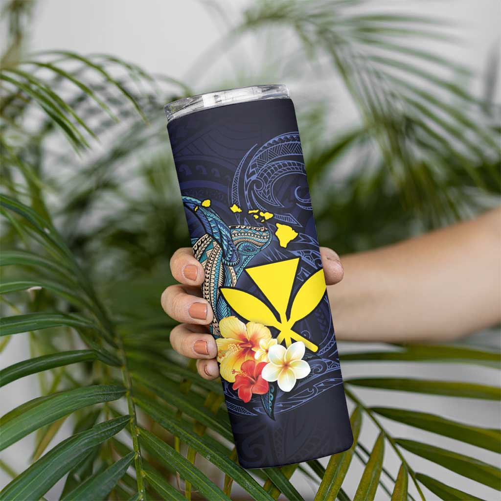 Hawaiian Whale and Kanaka Maoli Symbol Skinny Tumbler Hibiscus with Hawaii Map and Polynesian Tattoo Deep Sea Color
