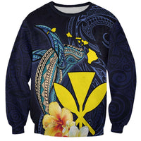 Hawaiian Whale and Kanaka Maoli Symbol Sweatshirt Hibiscus with Hawaii Map and Polynesian Tattoo Deep Sea Color
