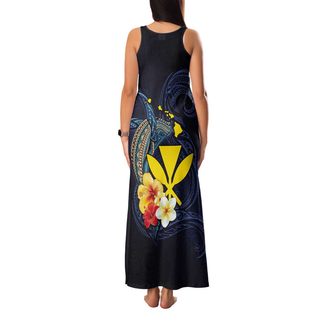 Hawaiian Whale and Kanaka Maoli Symbol Tank Maxi Dress Hibiscus with Hawaii Map and Polynesian Tattoo Deep Sea Color