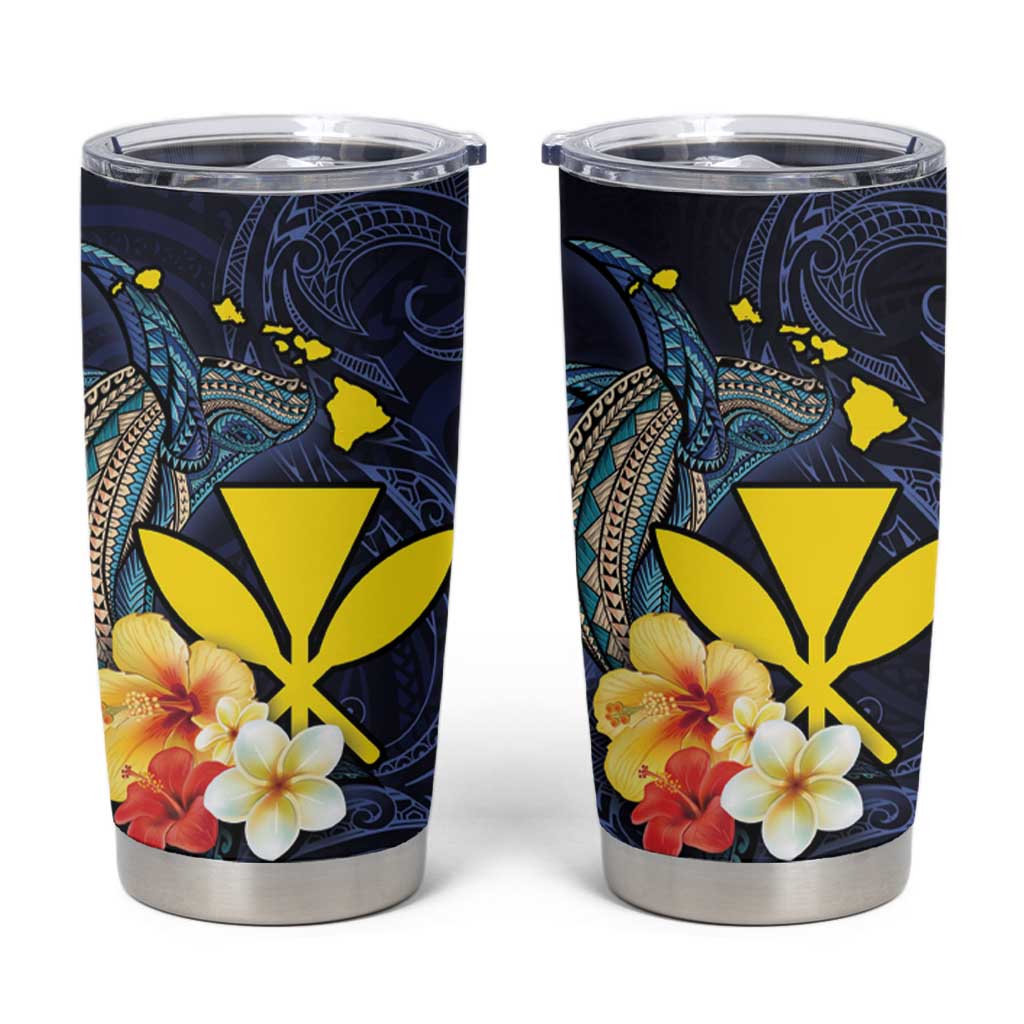 Hawaiian Whale and Kanaka Maoli Symbol Tumbler Cup Hibiscus with Hawaii Map and Polynesian Tattoo Deep Sea Color