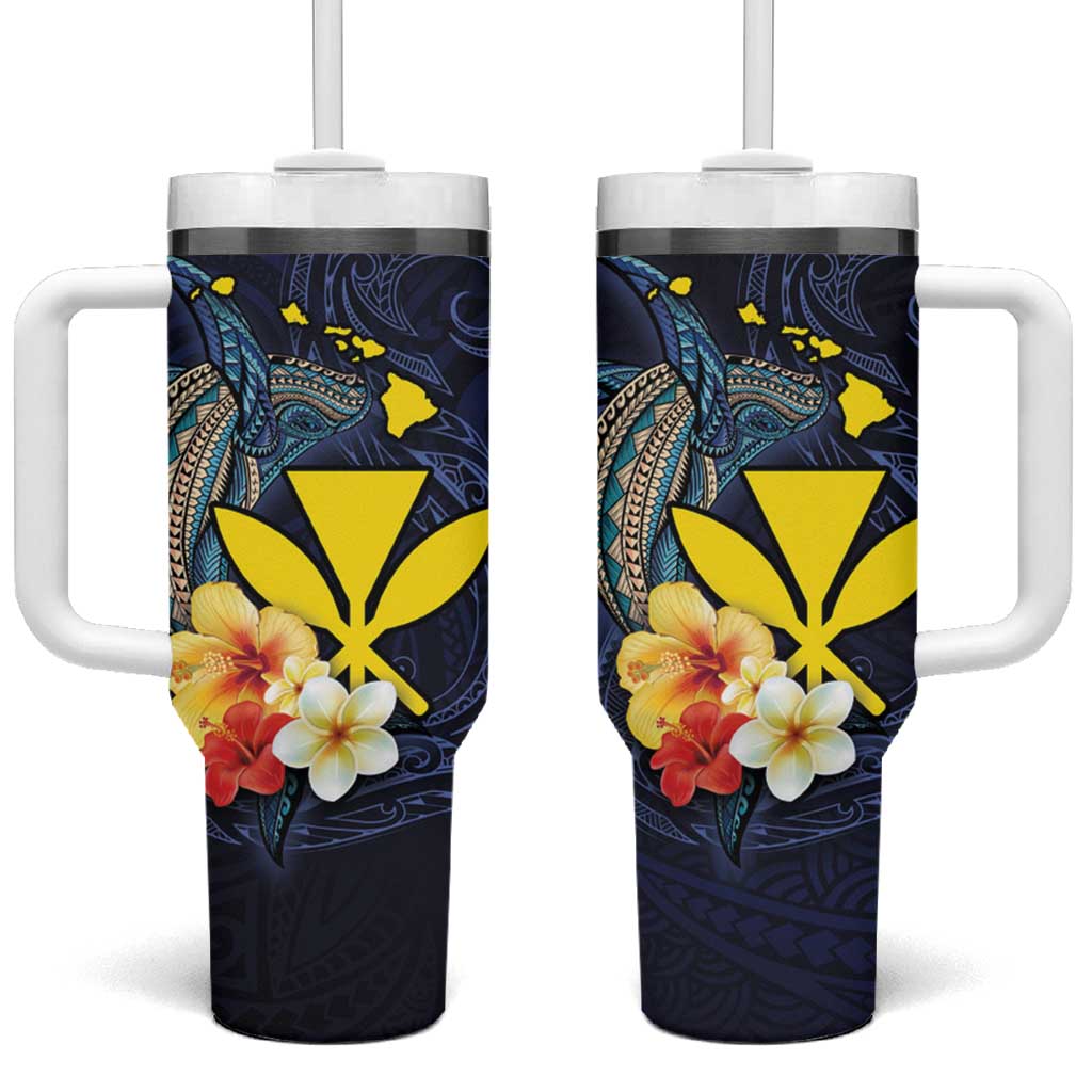 Hawaiian Whale and Kanaka Maoli Symbol Tumbler With Handle Hibiscus with Hawaii Map and Polynesian Tattoo Deep Sea Color