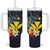 Hawaiian Whale and Kanaka Maoli Symbol Tumbler With Handle Hibiscus with Hawaii Map and Polynesian Tattoo Deep Sea Color