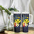 Hawaiian Whale and Kanaka Maoli Symbol Tumbler With Handle Hibiscus with Hawaii Map and Polynesian Tattoo Deep Sea Color