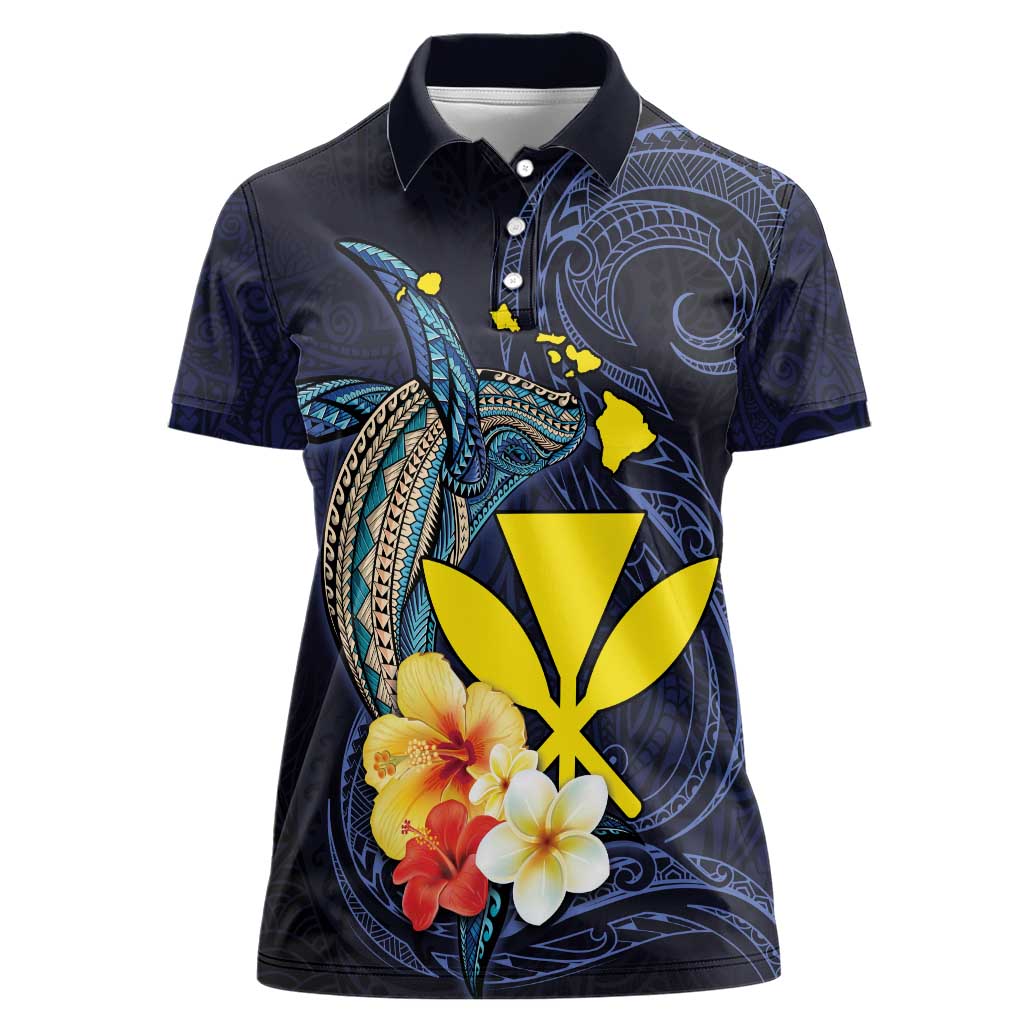 Hawaiian Whale and Kanaka Maoli Symbol Women Polo Shirt Hibiscus with Hawaii Map and Polynesian Tattoo Deep Sea Color