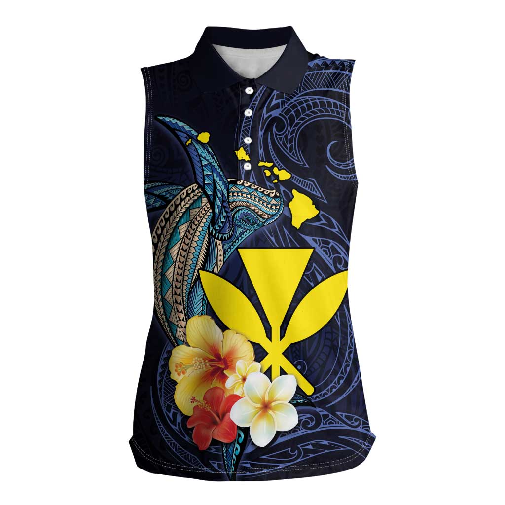 Hawaiian Whale and Kanaka Maoli Symbol Women Sleeveless Polo Shirt Hibiscus with Hawaii Map and Polynesian Tattoo Deep Sea Color