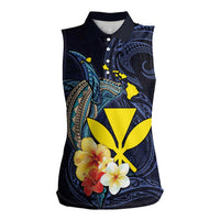 Hawaiian Whale and Kanaka Maoli Symbol Women Sleeveless Polo Shirt Hibiscus with Hawaii Map and Polynesian Tattoo Deep Sea Color