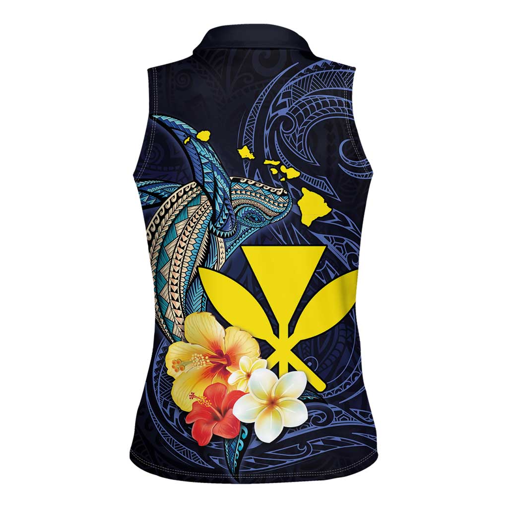 Hawaiian Whale and Kanaka Maoli Symbol Women Sleeveless Polo Shirt Hibiscus with Hawaii Map and Polynesian Tattoo Deep Sea Color